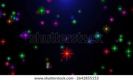 Sparkling stars object with variable colors along  black background.