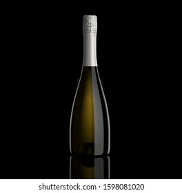 Sparkling White Wine Bottle, Champagne Bottle On Black Background, For Mockup, Packshot, 3d Rendering.