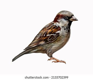 Sparrow (Passer Domesticus), Realistic Drawing, Illustration For Bird Encyclopedia, Isolated Image On White Background