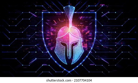 Spartan Helmet Surrounded By Digital Network On Dark Abstract Technology Background - Zero Trust Solutions - Cybersecurity And Network Protection Concept - Conceptual Illustration