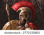 spartan warrior marching forward with spear and shield in ancient greek military formation scene