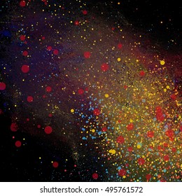 spattered paint background design, black background with drops of red yellow and blue paint, night sky background concept
