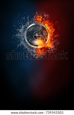 Speaker exploding by elements fire and water. Background for sports ...