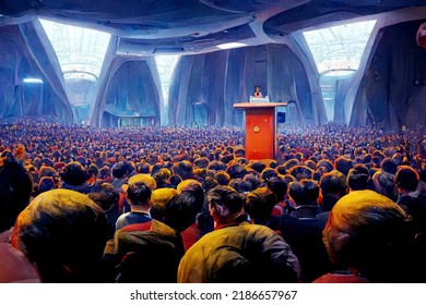 speaker in a futuristic hall in front of an audience, digital illustration  - Powered by Shutterstock