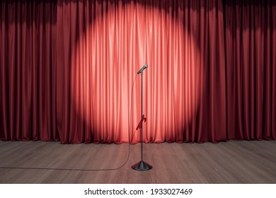 Speaker performance concept with round spotlight on red curtain and microphone on wooden floor of empty stage. 3D rendering
