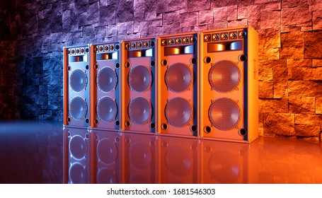 speaker system on a black background in blue and orange lighting, 3d illustration