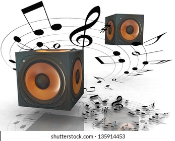 the speakers and musical notes