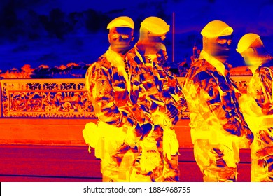 Special action forces, flying squad on a city street. Abstract art, Thermal impressionism