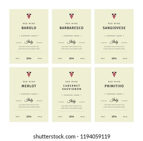 Special Collection Best Quality Grape Varieties And Premium Wine Brand Names Labels Emblems Abstract Isolated Illustration. Italy Red Wine Label Set