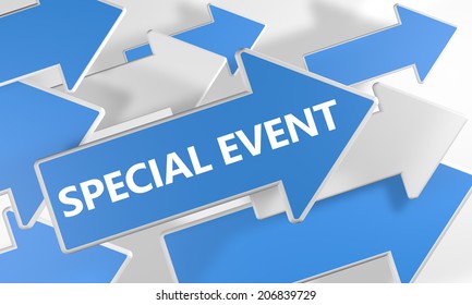 Special Event 3d render concept with blue and white arrows flying over a white background.