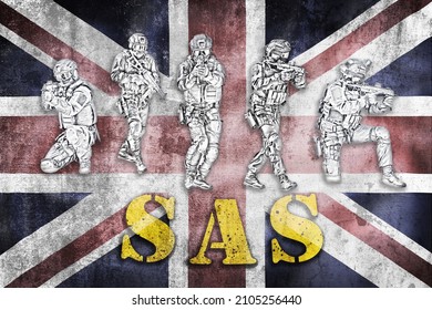 Special Forces Tactical Team In Action Illustration On Grunge UK Flag With SAS Letters, Unmarked And Unrecognizable Swat Team, Special Forces Of United Kingdom