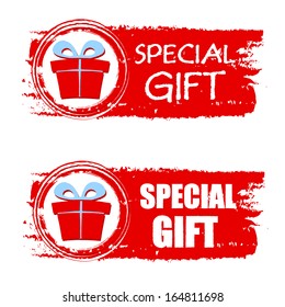 special gift - text and present box sign on red christmas drawn banner, business holiday concept