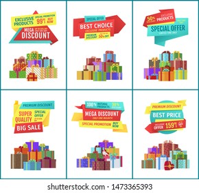 Special offer mega discount set with presents gifts in box decorated with ribbons and bows. Quality products super sales limited week only raster