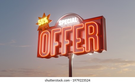 Special Offer Neon Sign In Sunset Sky. 3D Illustration. 3D Rendering. 