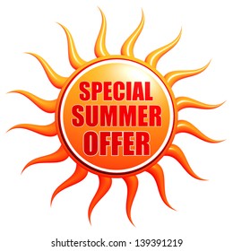 Special Summer Offer Banner - Text In 3d Red Orange Yellow Label With Sun Shape, Business Concept