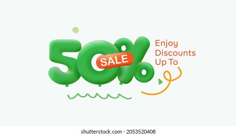 Special summer sale banner 50% discount in form of 3d balloons Green design seasonal shopping promo advertisement illustration 3d numbers for tag offer label Enjoy Discounts Up to 50% off
