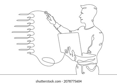 IT specialist is holding a laptop. Data center, server cabinet. Digital technologies. Working with the server. One continuous line .One continuous drawing line logo isolated minimal illustration. - Powered by Shutterstock