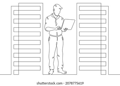 IT specialist is holding a laptop. Data center, server cabinet. Digital technologies. Working with the server. One continuous line .One continuous drawing line logo isolated minimal illustration.