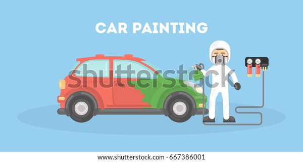 Specialist spray painting auto body at car.\
Flat style\
illustration.
