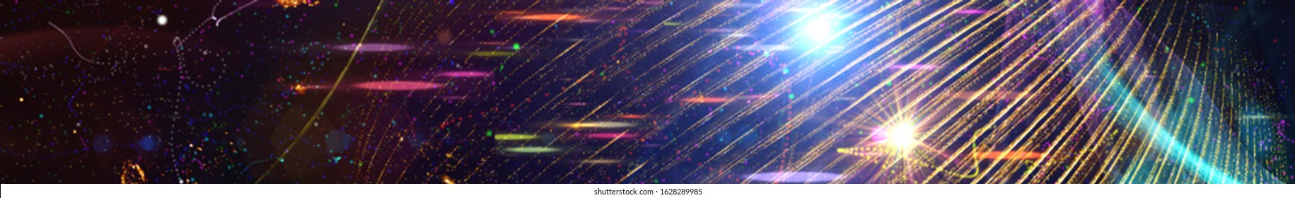 Spectacular illustration with particles and rays. Background design abstract forms and planets on the subject of science. Explosion of stars in space. Panoramic view of planets in space.