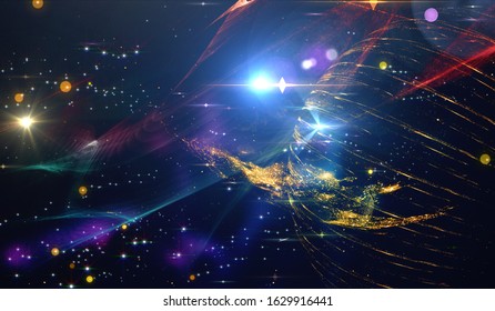 Spectacular illustration with particles and rays. Background design abstract forms and planets on the subject of science. Explosion of stars in space.