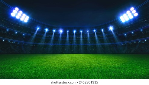 Spectacular sport stadium with glowing floodlights and empty green grass field. Professional sports background for advertisement.