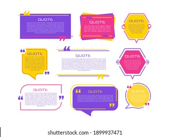 Speech  balloon with quotation marks, think, speak, talk, commas. Bubble comment, message borders, boxes, banners. Quote frames blank templates set on white background. Remark.  