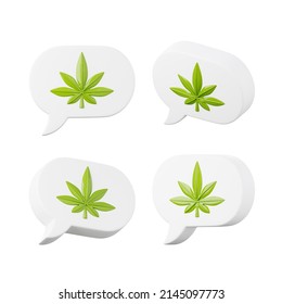 Speech bubble with cannabis leaf 3D ui app icon. Medical marijuana, recreational weed concept 3D render illustration.