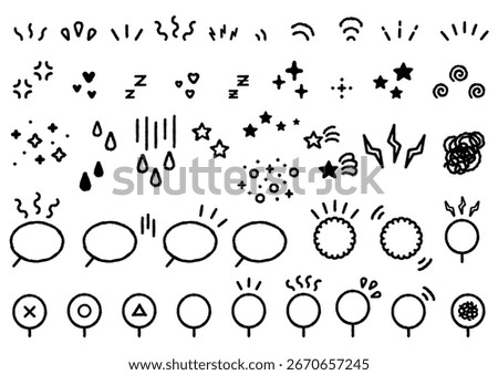 Speech Bubble and Emotion Icon Set with Symbols and Expressions.　A set of simple black line icons of symbols and speech bubbles expressing surprised, happy or frustrated emotions.