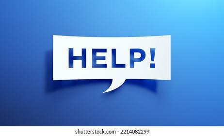 Speech Bubble. Help! Message. A Call for Help or Attention to a Problem. Minimalist Abstract Design With White Cut Out Paper on Blue Background. 3D Render.