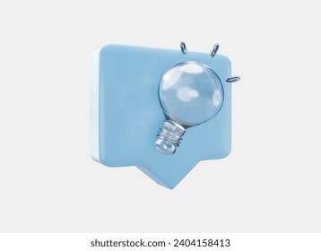 Speech bubble with  light bulb icon in crystal glass style 3d render.  Creativity idea, business success, strategy concept. Thinking, invention symbol