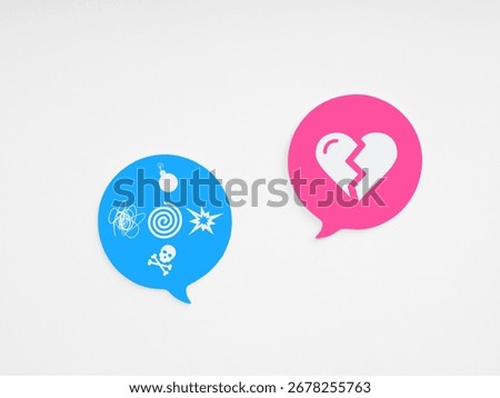 Speech bubbles representing toxic relationship ending with broken heart. To break someone's heart with insulting and offensive words.
