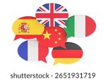 Speech bubbles with world flags. Global communication and learning foreign languages, 3D rendering isolated on white background 
