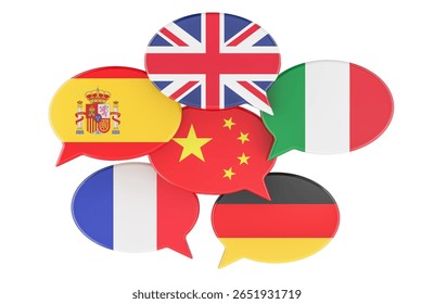 Speech bubbles with world flags. Global communication and learning foreign languages, 3D rendering isolated on white background 