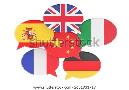 Speech bubbles with world flags. Global communication and learning foreign languages, 3D rendering isolated on white background 