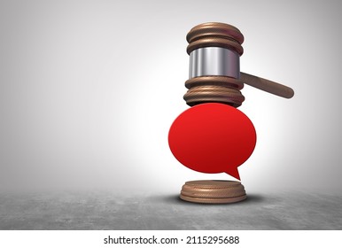 Speech Laws And Hate Speech Law Concept Or Illegal Misinformation And Freedom Of Expression Or Censorship Symbol As A Justice Judge Gavel With A Word Bubble As A 3D Illustration.