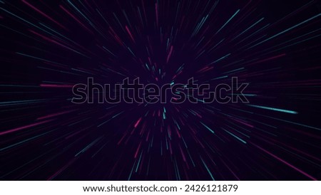 Speed background light rays zoom. Data flow tunnel. Abstract radial zoom surface of blurred multi color tunnel on black background.