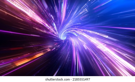 Speed Of Digital Lights, Neon Glowing Rays In Motion Into Digital Technologic Tunnels. 3D Rendering