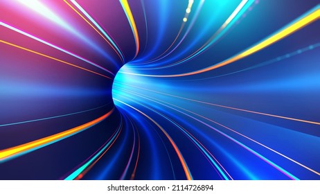 Speed Of Light And Space Travel. Flow Rate, Data Transfer, Cyber Portal 3D Illustration. Hyper Loop, Wormhole, Space And Time. Black Hole, Vortex Hyperspace Tunnel