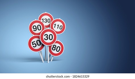 Speed limit indication road signs on blue background, 3D rendering - Powered by Shutterstock