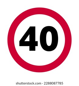 Speed limit traffic sing 40.Speed limit 40 round road traffic icon sign flat style design png isolated on white background. Circle standard road sign with number 40 kmh