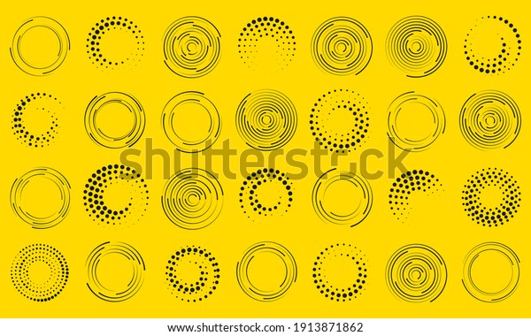 Speed lines in circle form. Set of black\
thick halftone dotted speed lines. Geometric art. Design element\
for frame, logo, tattoo, web pages, prints, posters, template,\
abstract\
background.