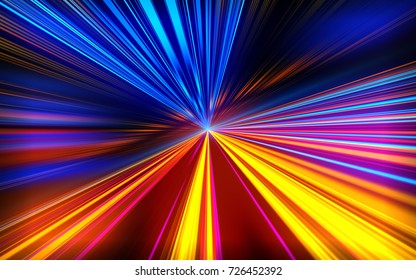 Speed motion on the neon glowing road at dark. Speed motion on the road. Colored light streaks acceleration. Abstract illustration. Pink Orange and Blue motion streaks.