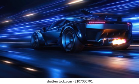 Speeding Sports Car On Neon Highway. Powerful Acceleration Of A Supercar On A Night Track With Colorful Lights And Trails. 3d Render