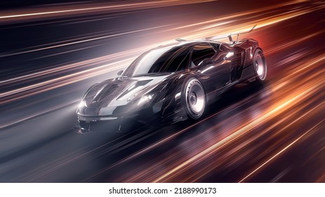 Speeding Sports Car On Neon Highway. Powerful Acceleration Of A Supercar On A Night Track With Colorful Lights And Trails. 3d Render
