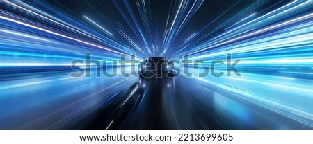 Speeding Sports Car On Neon Highway. Powerful acceleration of a supercar on a night track with colorful lights and trails. 3d render [[stock_photo]] © 