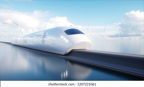 Speedly Futuristic Monorail Train. Sci Fi Station. Concept Of Future. People And Robots. Water And Wind Energy. 3d Rendering.