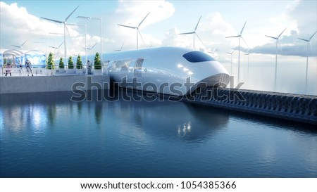 speedly Futuristic monorail train. Sci fi station. Concept of future. People and robots. Water and wind energy. 3d rendering.