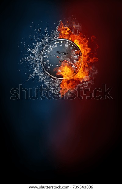 Speedometer exploding by elements fire and water.\
Background for sports tournament poster or placard. Vertical design\
with copy\
space.