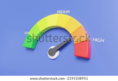 Speedometer icon infographic, arrow point scale speed high status red, Performance, pointer rating risk levels, meter, tachometer on purple background. 3d render illustration Imagine de stoc © 